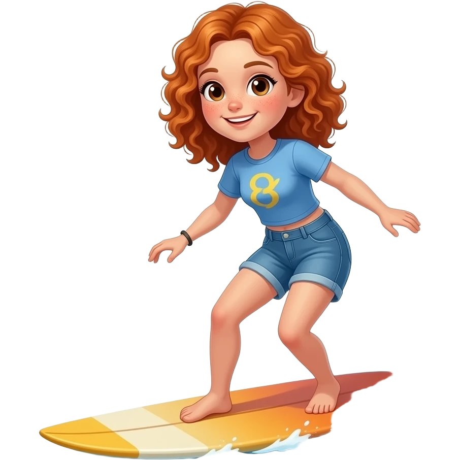 Fille rousse bouclés tâches de rousseur surf emoji