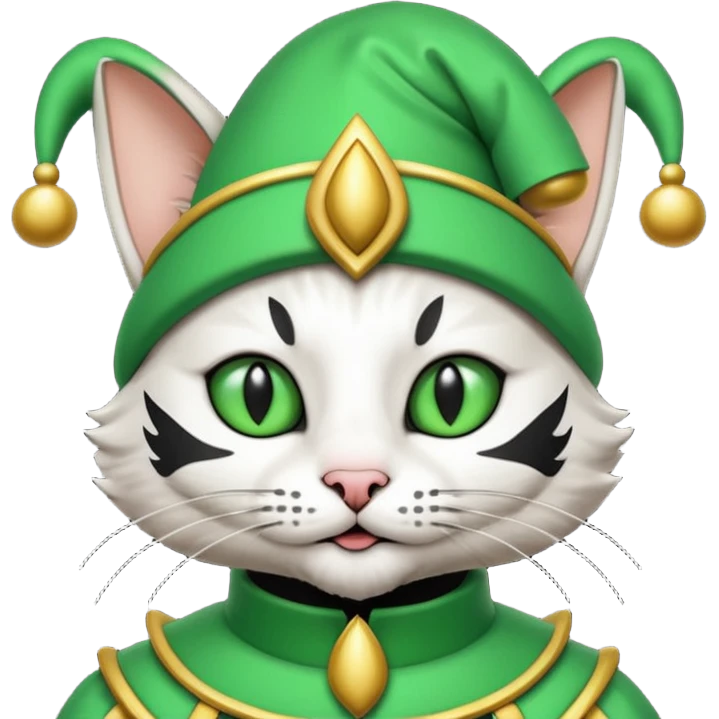 mac os icon code computer retro terminal, black, green white, fantasy court jester cat draw as ASCII GREEN code inside the terminal emoji