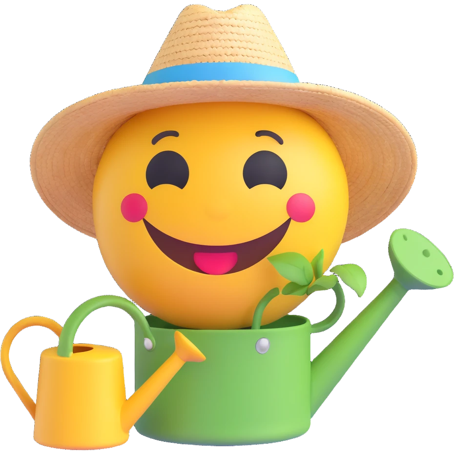 3D smiley emoji, round shape, gardener with straw hat and watering can, funny face, transparent background emoji