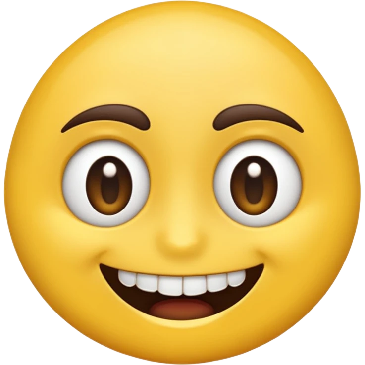 A hyper-realistic 3D render of a cartoon-style emoji face with exaggerated features. The emoji has a bright yellow, smooth, rounded face with large, shiny, expressive brown eyes and raised dark brown eyebrows. It shows an extremely wide, exaggerated smile with perfectly aligned, large  emoji