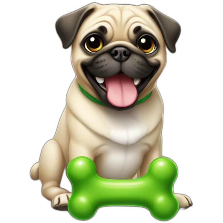 a happy pug whit a green toy bone emoji