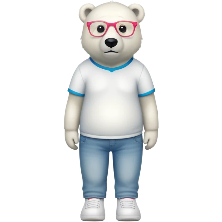 friendly anthropomorphised polar bear standing upright, looking chilled and unbothered, wearing a shirt, jeans, trainers, colorful glasses emoji