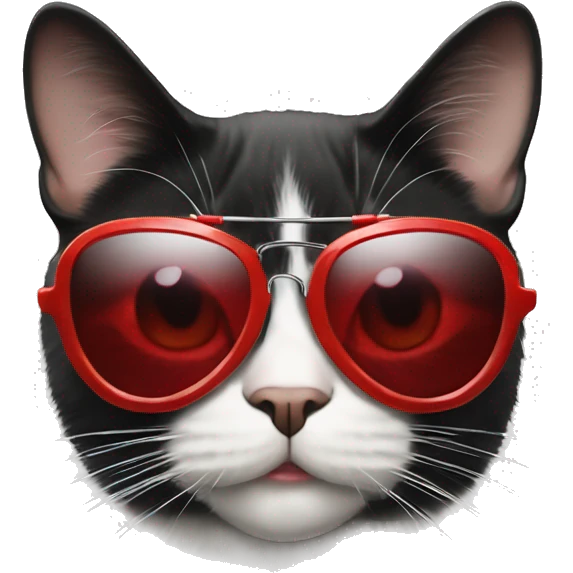 Face of a tuxedo cat wearing red aviator sunglasses with their eyes peeking over the top and a sarcastic way emoji