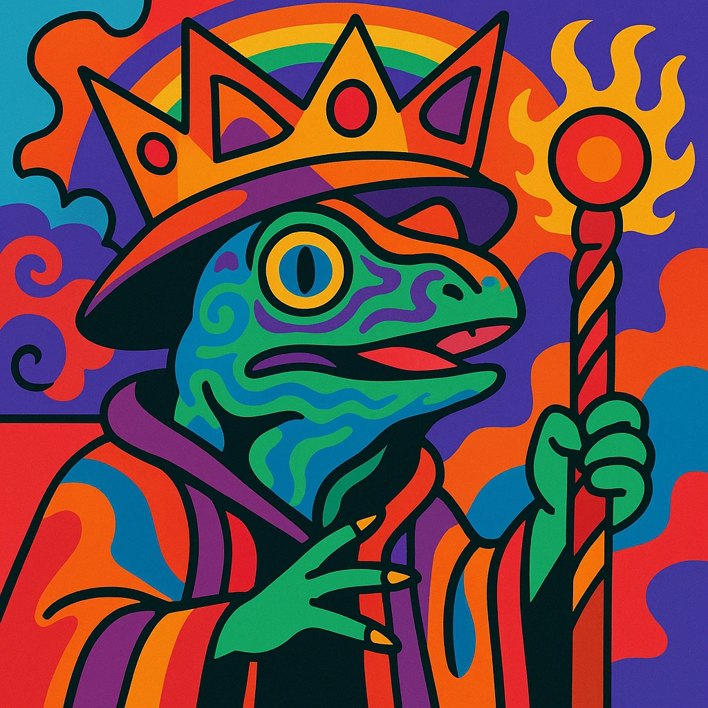 psychedelic lizard wizard with a crown, inspired by King Gizzard and the Lizard Wizard, vibrant colors, trippy patterns, fantasy vibe emoji