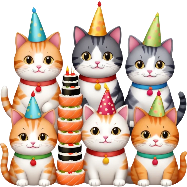 exactly six individual cats in a row celebrating one cat's birthday, each cat clearly visible and holding a piece of sushi, birthday cake in center, all six cats with party hats emoji
