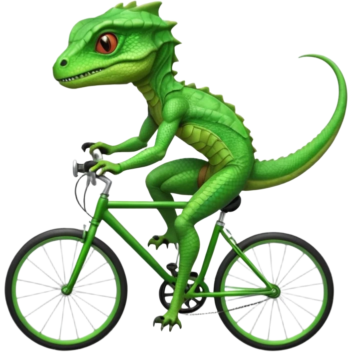 reptilian alien riding a bicycle, lizard-like face, scaled skin, athletic cycling pose, alien warrior vibe, 3D cartoon, mobile game icon style, clean background, no text, no watermark
 emoji