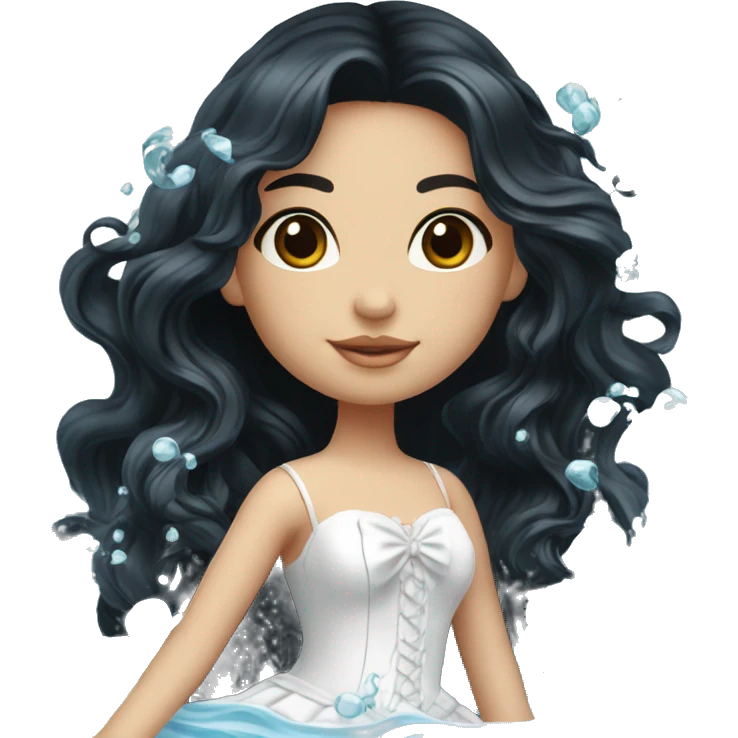 Pretty young Lady doll posing posed pose with long black hair flowers in hair white dress surrounded by flowing water water swirls waves emoji