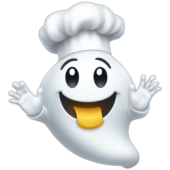 happy ghost wearing chef hat and blowing kiss with hand emoji
