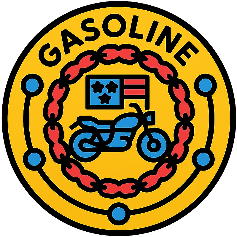 circular motorcycle gas cap design, transparent background, text 'GASOLINE', motif: motorcycle, chain, American flag, USA style emoji