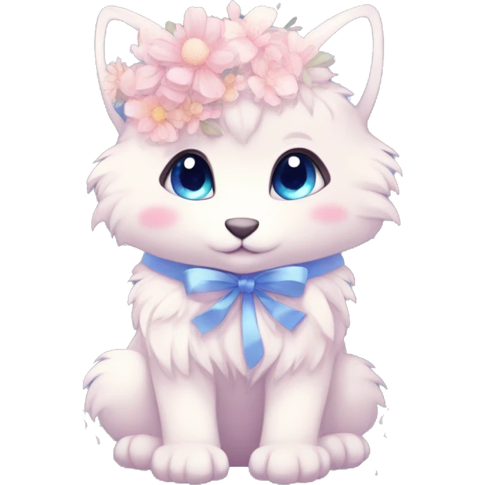 Anthro Cute Cool Blushing Pastel Innocent Shy Kawaii gorgeous sparkly ethereal fantasy anime animal creature with blue eyes furry sona with flowers and ribbons beautiful aesthetic emoji