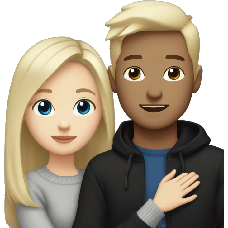 dark Blonde girl with blue eyes in black sweater and an east asian with light skin man with black hair and black eyes hugging emoji