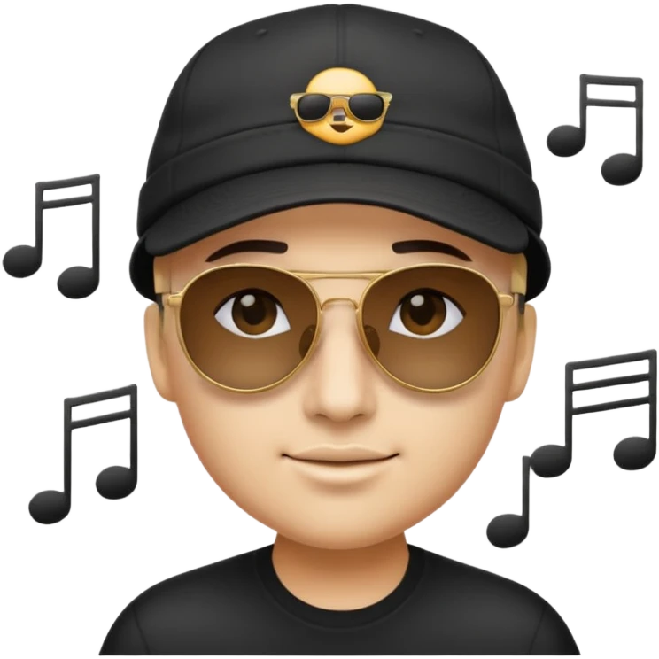logo del álbum Trap Capos de Noriel, emoji style, face with dark sunglasses and cap, musical notes details, no text emoji