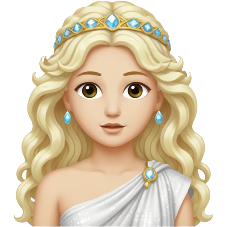 Aura, Goddess of Breeze from Roman Deities with long platinum blonde wavy hair, white sequin toga  emoji