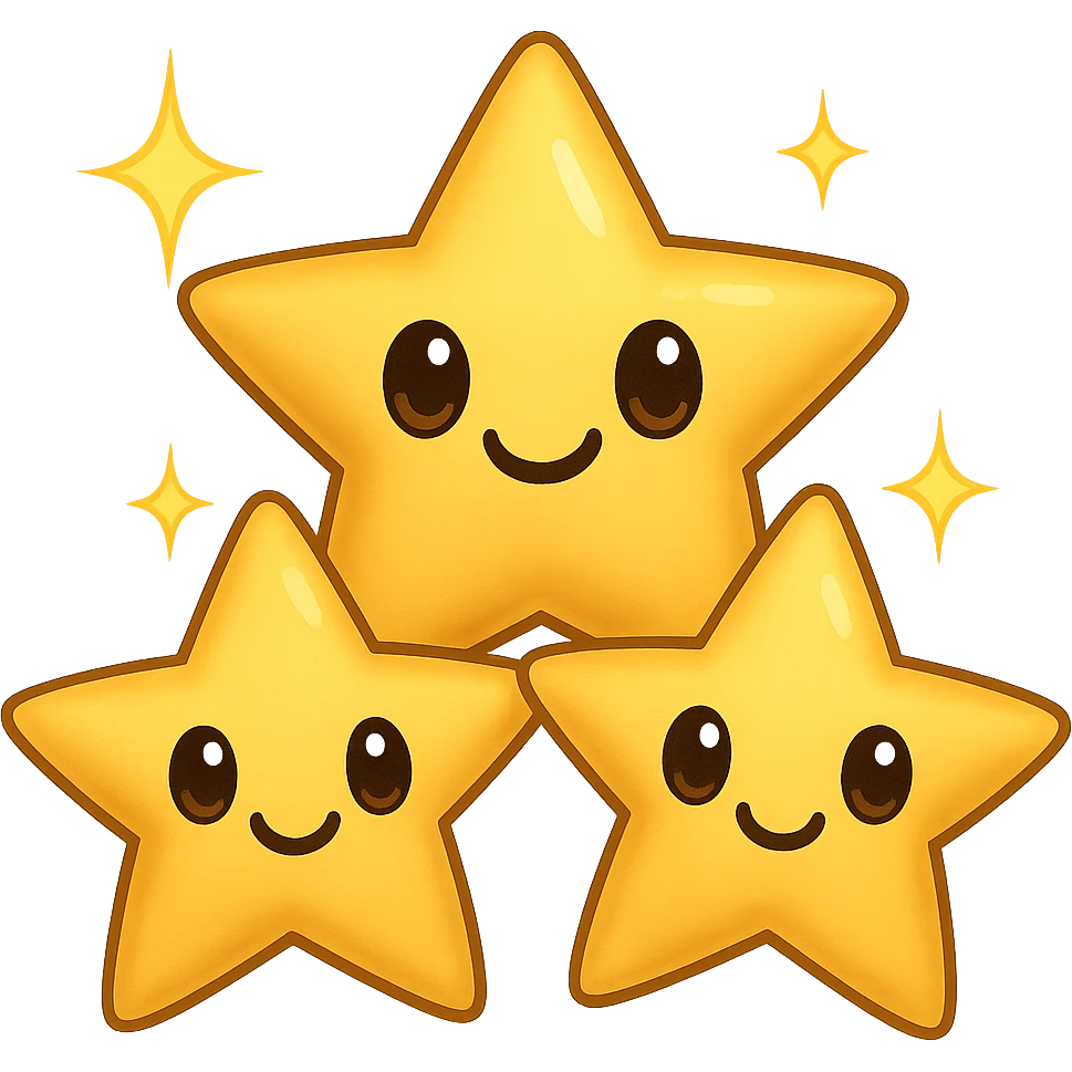 3 golden stars, one big in the center and two smaller on the sides, with a playful, cartoonish expression and sparkles (emoji style) emoji