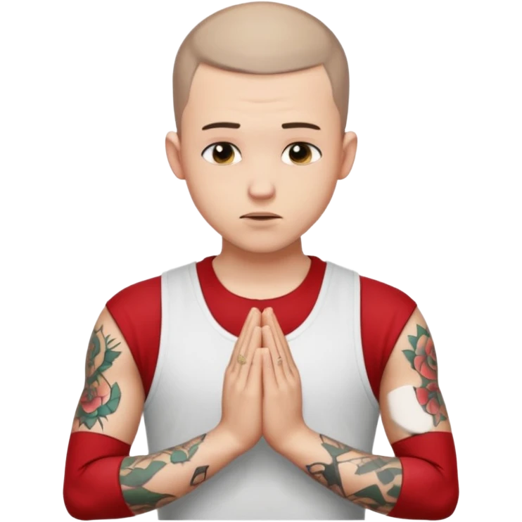 A 20 year old white man with a buzz cut and tattoos all over his arms and chest. Pleading face with hands praying wearing a white tanktop emoji