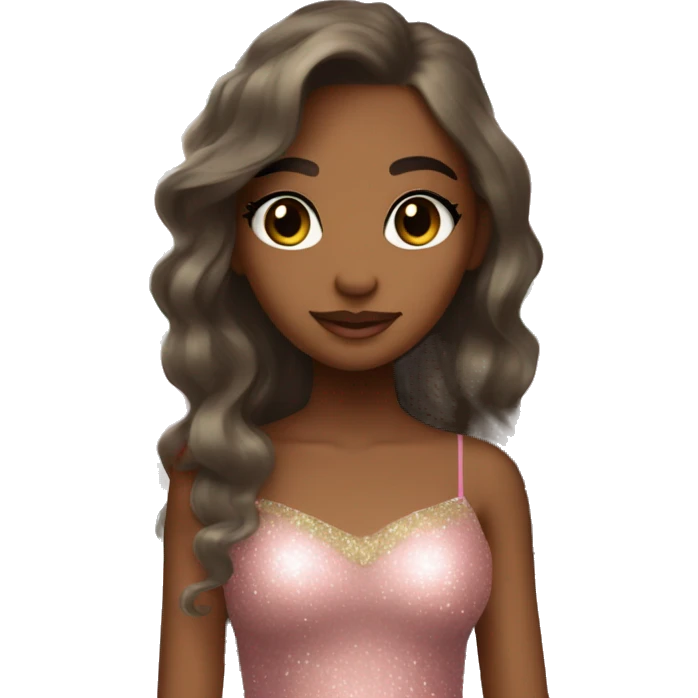Brown skin fairy with long brown hair sage green dress pink sparkly eyeshadow and long eyelashes and wings emoji