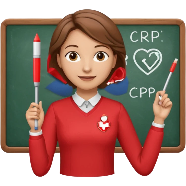 Happy Teacher, female, brown hair up, wearing a red long sleeve top holding a pointer stick to a white board with a CPR logo. emoji