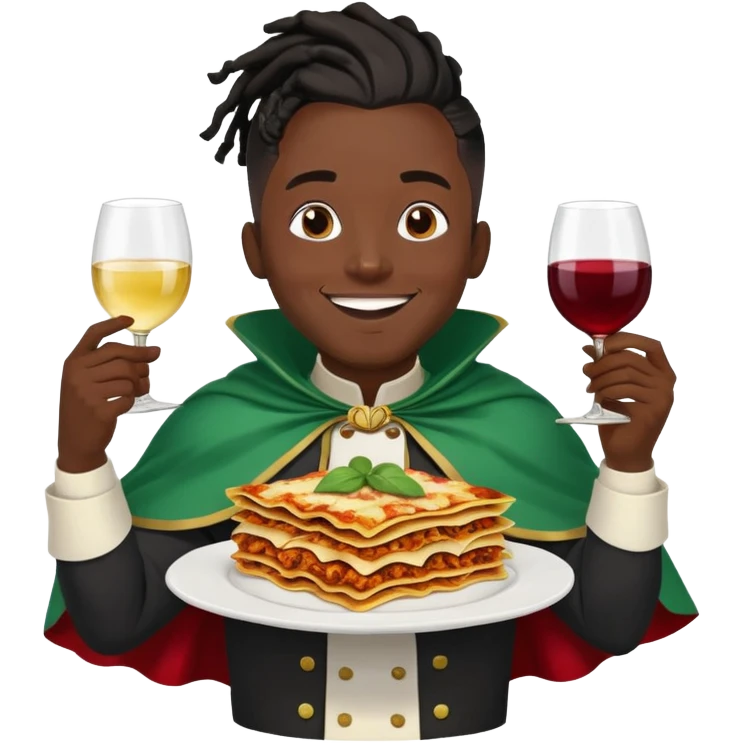  High fade widows peak ponytail dreadlock male black hair dark skin smiling and nigerian cape lasagna and wine while flying through the air emoji