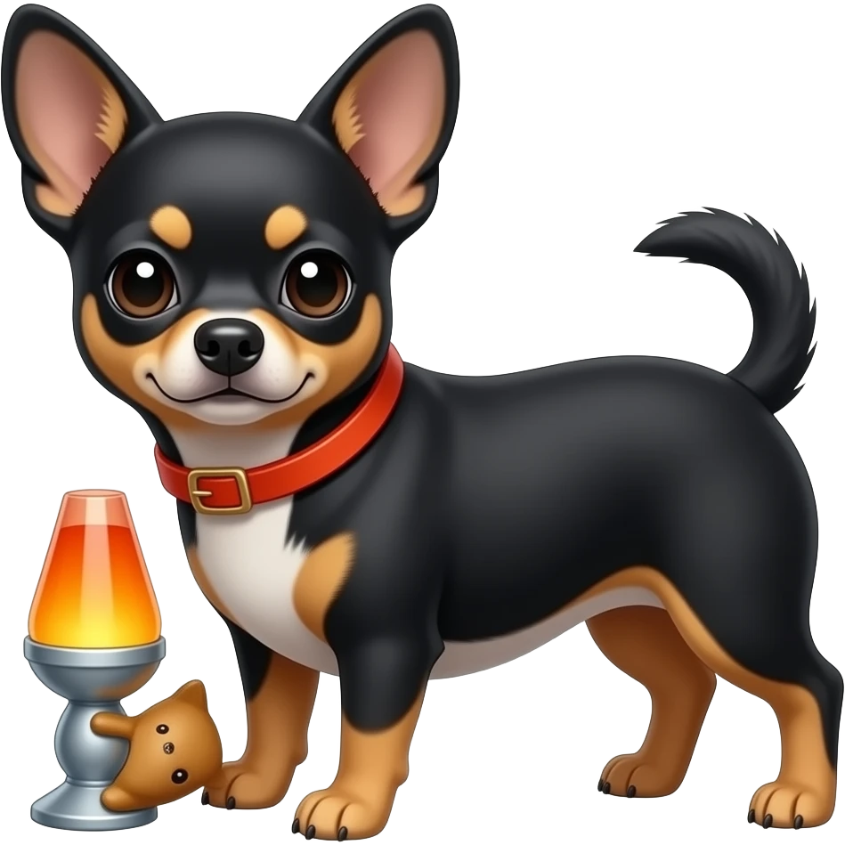 All black chihuahua with orange lavalamp dog toy emoji