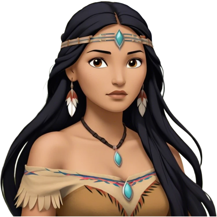 Cinematic Realistic Pocahontas Portrait, depicted with lifelike skin texture, soft natural lighting, and intricately detailed long, flowing raven-black hair that moves gracefully in the wind. Her deep, soulful dark brown eyes exude wisdom and strength, complemented by a serene yet powerful expression. She is dressed in her classic one-shoulder native american dress, with rich fabric textures and delicate beaded details that catch the light beautifully. The portrait features a soft, sun-kissed glow with a natural, radiant finish, capturing the essence of untamed beauty and deep connection to nature in a realistic and painterly style, evoking a sense of depth and authenticity. emoji