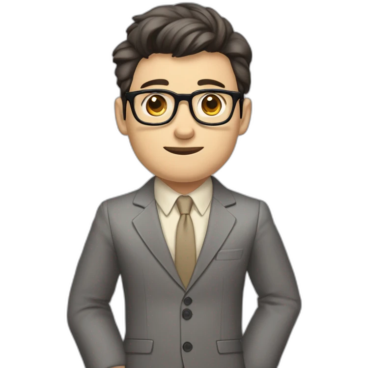 Full height Pale skinned Fit Man With dark brown hair in classic gray suit, beige office shirt, dark gray tie, and vintage glasses. Thrumbs of his palms directed up emoji