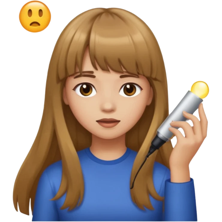 a girl with light skin and brown long hair with bangs who is doing her hair emoji