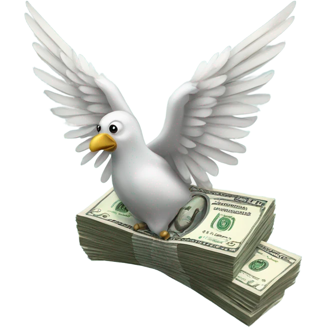 A banded stack of U.S. dollar bills with feather wings, as if flying. emoji