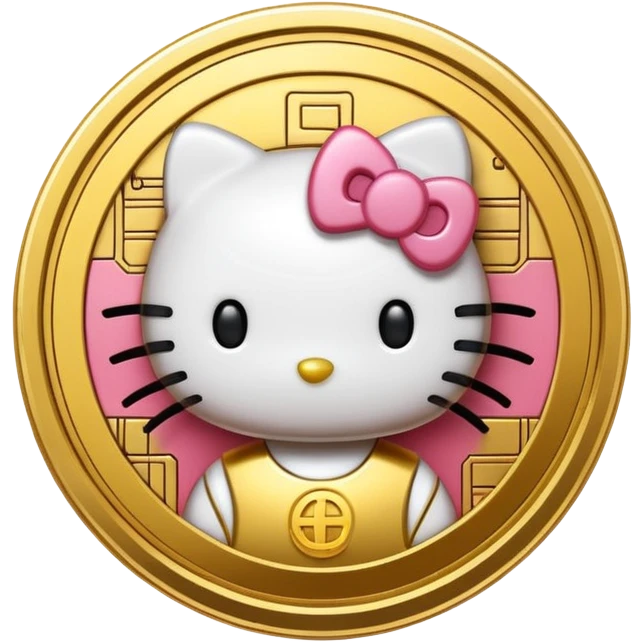 Hello Kitty styled as a cryptocurrency coin, shiny gold and digital circuit patterns, cute emoji style emoji