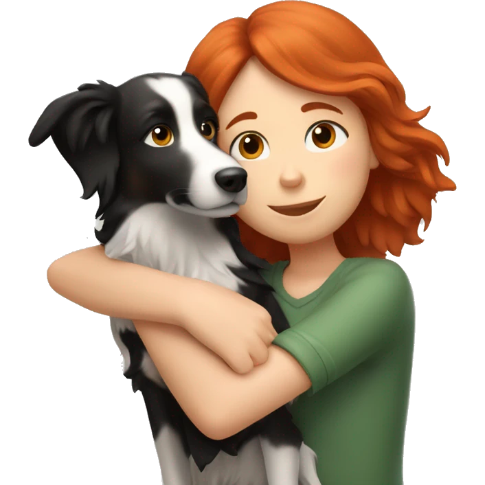 red-haired girl hugs a border collie dog emoji