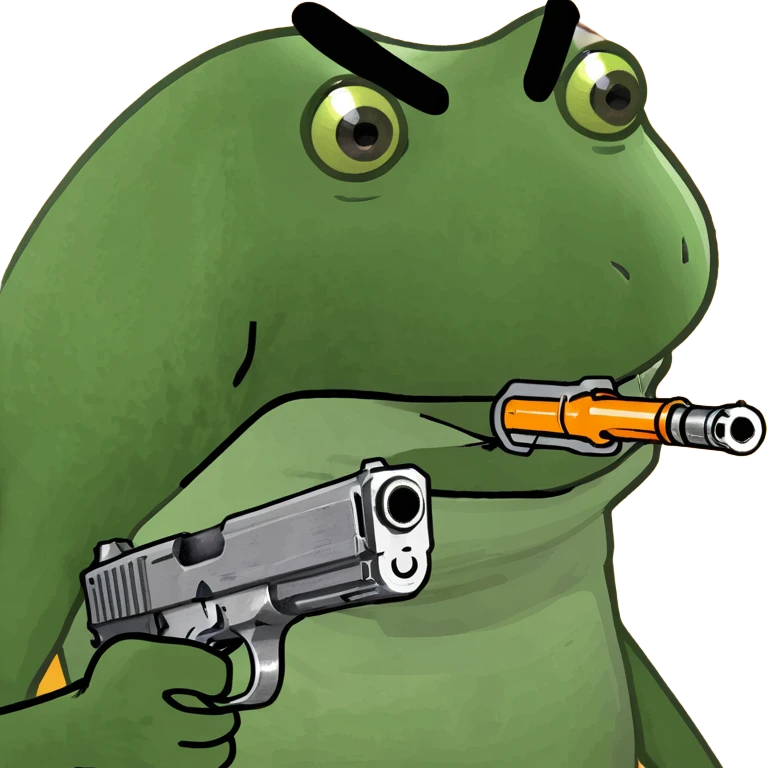 bufo frog meme brandishing a gun, enraged emoji