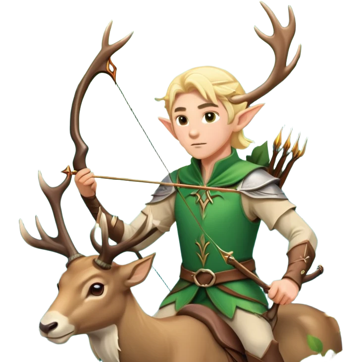 clash-of-clans-aesthetic-blond-male elf-archer-portrait-emoji, rendered in a flat, vector-style with minimal shading and bold holding his bow, simplified shapes, head tilted slightly forward with a determined, focused expression, riding a majestic stag whose antlers glow with mystical energy, set against an ancient, enchanted forest backdrop. emoji