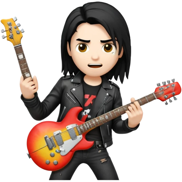 3D Apple-style emoji of a metal musician holding an electric guitar with a bold "ROCK" sign above. Long hair, black leather jacket, ripped jeans, intense expression. Rounded, glossy, smooth, soft shadows, white background.











 emoji