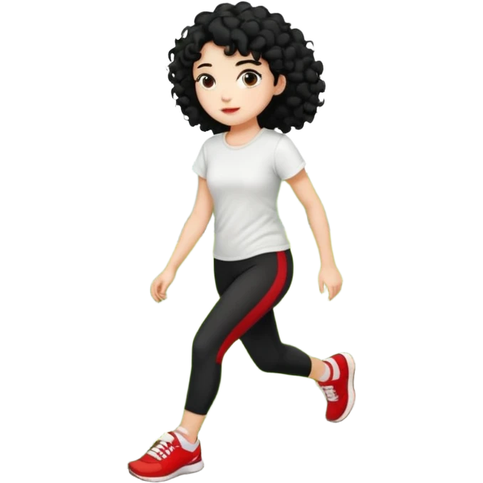 generate a pretty bratz fair skinned girl with curly black hair wearing a white tshirt trekking on a hill with red sneakers on and black leggings emoji