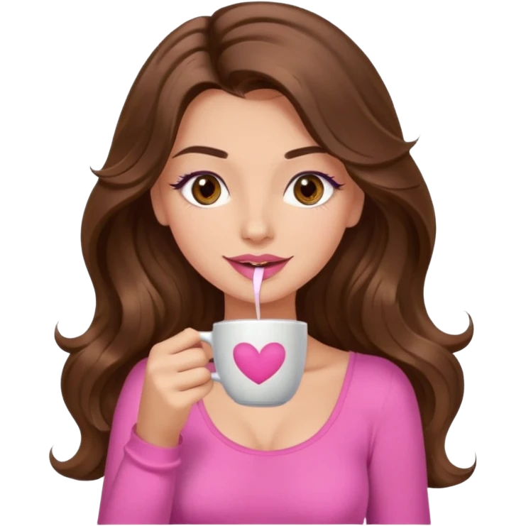 girl with long wavy brown hair, brown eyes, light to medium complexion, in a pink sexy top, pink lips, long lashes, sipping coffee emoji