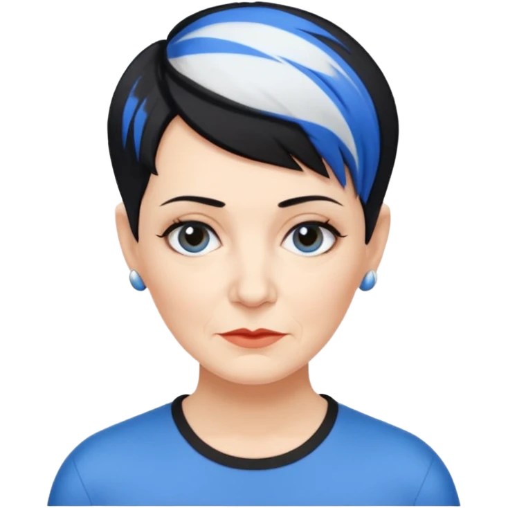 reife frau, kein kind freche extreme schwarze Kurzhaarfrisur eine Seite wirklich fast keine Haare andere Seite mit blauer Strähne kurze Seite noch viel kürzer emoji