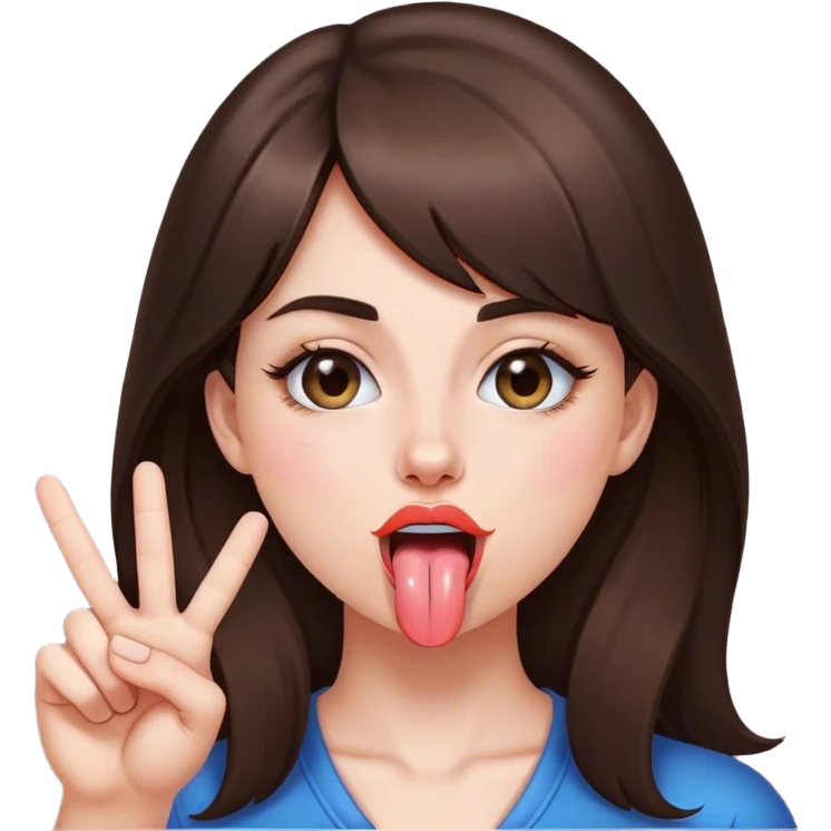 brunette girl sticking tongue out in between peace sign  emoji
