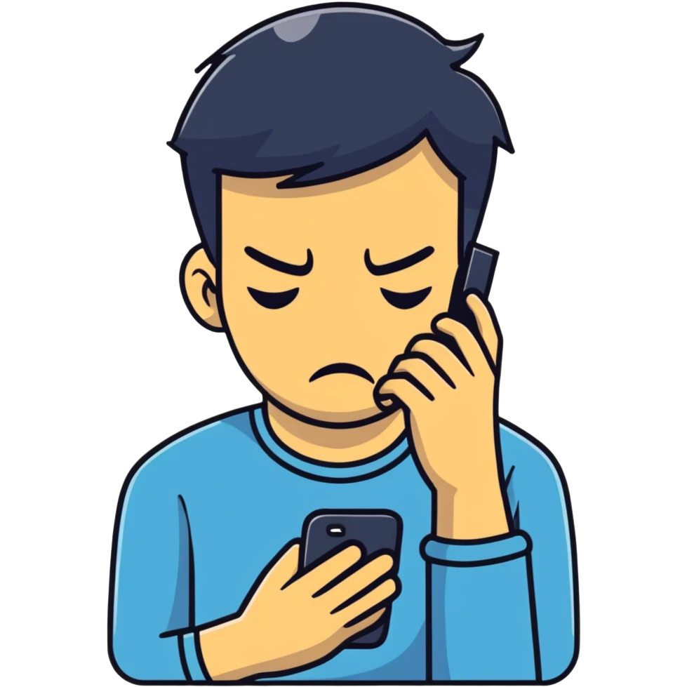 man with shameful expression looking at his smartphone emoji