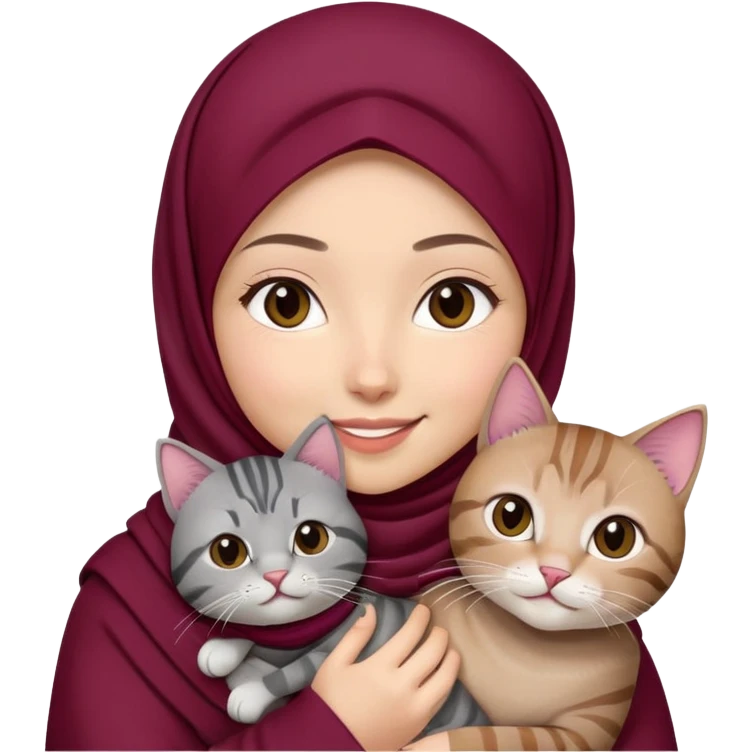 Asian white girl wearing maroon hijab holding a black grey tabby cat with smiling emoji