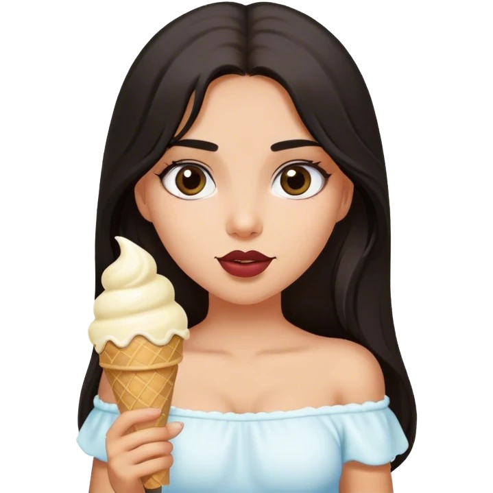 Latina girl with dark long hair and dark eyes wearing white off shoulder top with ice cream cone  emoji