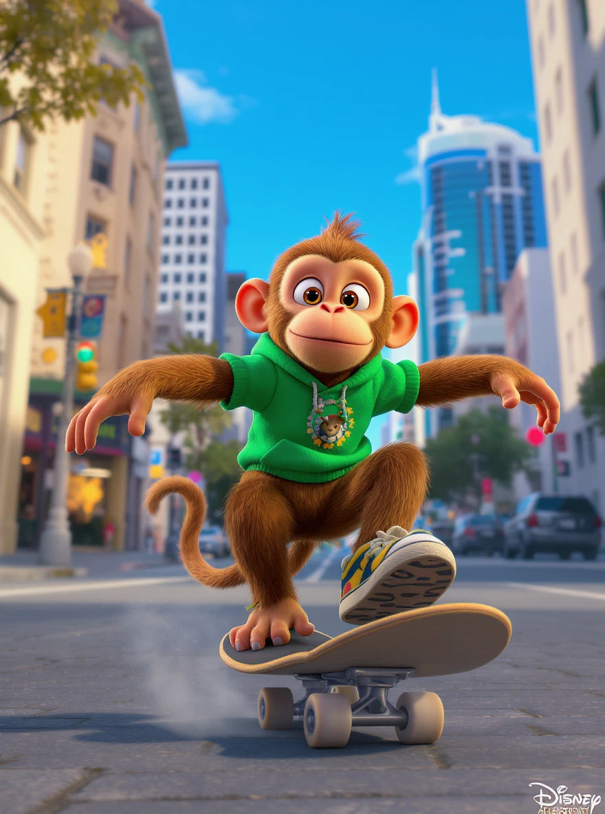 Disney style Cinematic still scane, Low angle shot, monkey dress in green outfit, monkey ride on skateboard, san francisno downtown with city lanscape, blue clean sky, captured by ARRI Alexa XT, soft cinematic lightning, back light, inspired by ToyStory 4 emoji