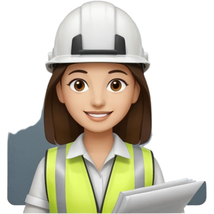 Arquitecta ojos marrones oscuros pestañas piel oliva pelo marron por los hombros sonrie casco blanco chaleco reflectante y material de dibujo técnico emoji