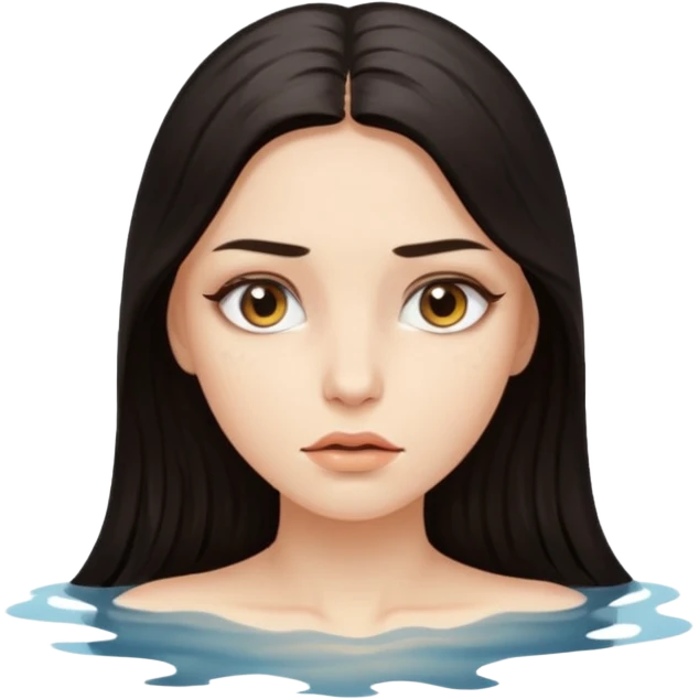 Woman submerged in black water, wet skin and eyes above surface, silent invitation emoji