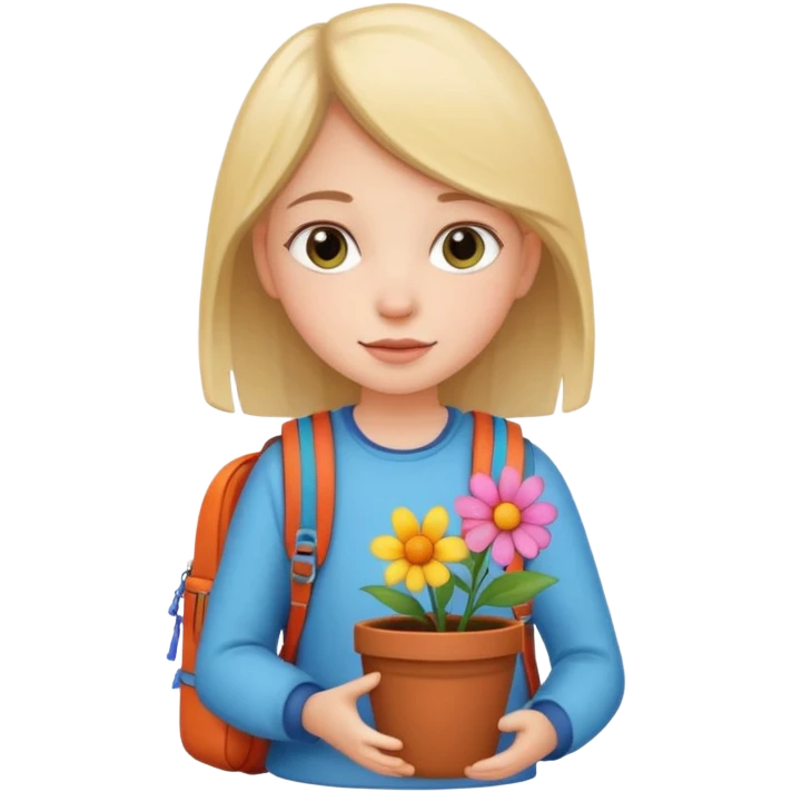 young girl wearing packpack, holding a flower pot emoji