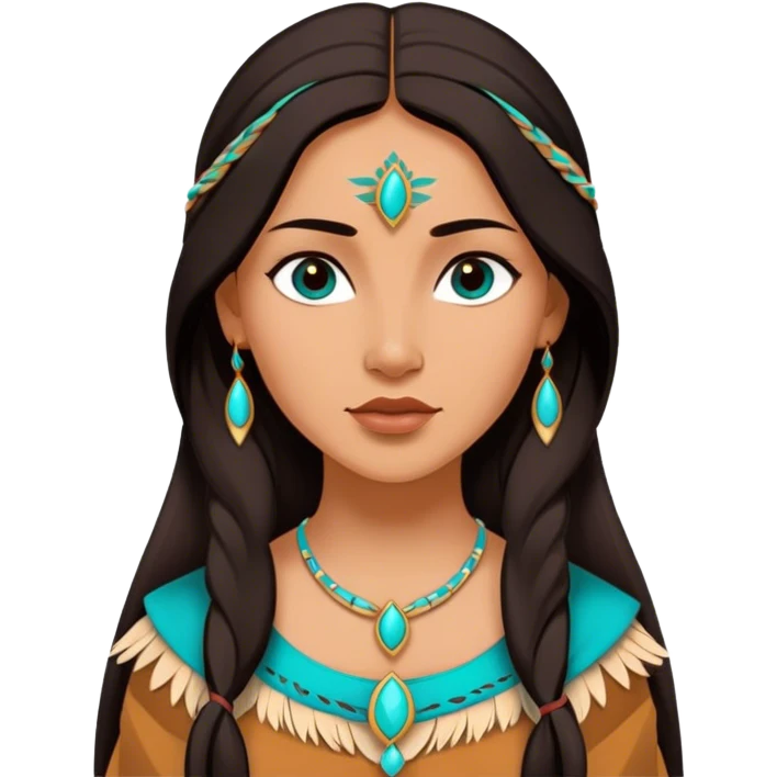 Cinematic Elegant Pocahontas Portrait Emoji, rendered in a realistic, vector-style with minimal shading and bold, simplified shapes. Depict Pocahontas (chest and above) with warm, sun-kissed skin, long, flowing dark hair, and gentle, wise eyes, wearing traditional attire in earthy tones with hints of turquoise. The image glows with a soft, natural radiance and high shine, embodying timeless indigenous beauty. emoji