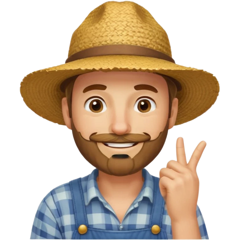 “A single emoji-style character combining 👨‍🌾😄 and 🤔: a smiling farmer man with a straw hat, friendly face, and light beard, holding one hand under his chin in a thinking gesture. His index finger rests under his face, eyes looking slightly upward as if thinking.  emoji