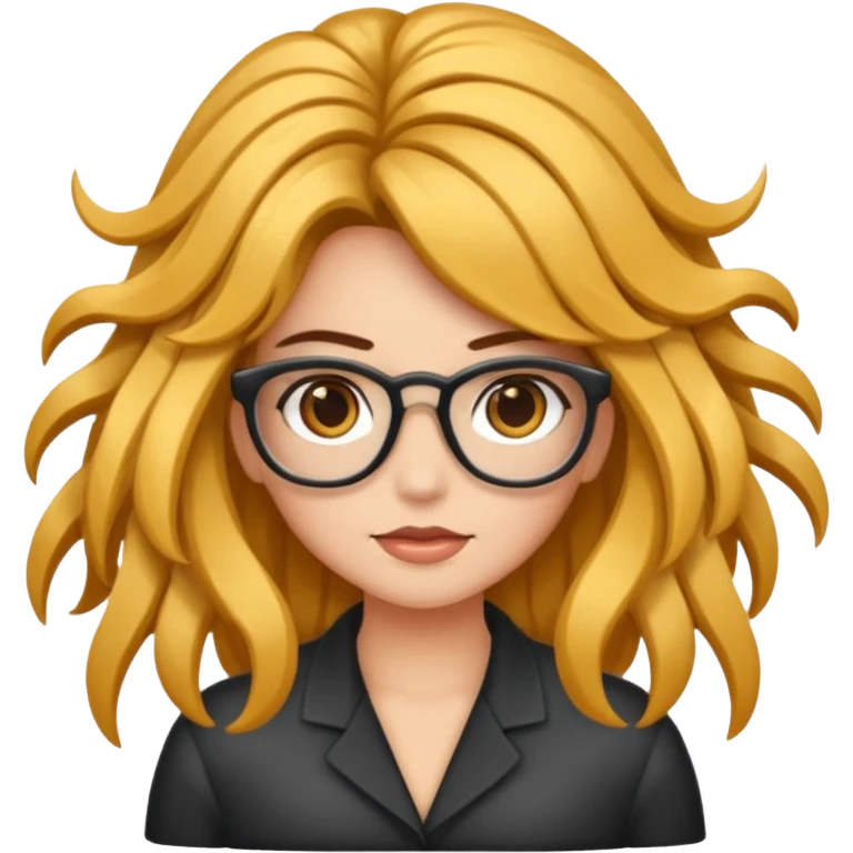 Uma garota de cabelos encaracolados compridos e mechas bem loiras, com pele morena  e óculos emoji