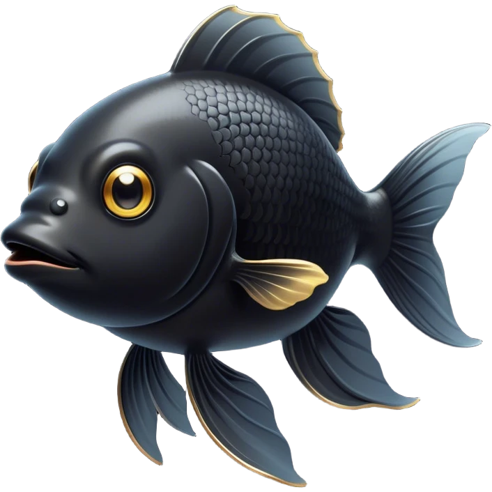 Cinematic Noble Black Goldfish Portrait Emoji, Poised and regal, with a sleek, streamlined build and a lustrous, deep black body, deep-set soulful golden eyes, Simplified yet sharp and sophisticated features, highly detailed, glowing with a soft, dignified glow, high shine, intelligent and graceful, stylized with an air of aquatic elegance, focused and attentive, soft glowing outline, capturing the essence of a watchful and confident aquatic companion, so majestic it feels as though it could glide out of the screen with effortless authority! emoji