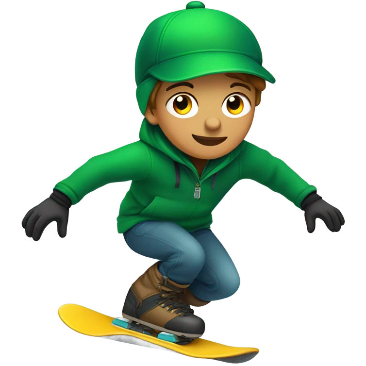 boy in green baseball cap snowboarding  emoji