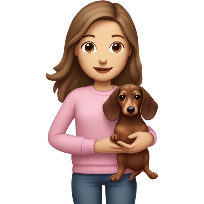 Brunette white girl with long hair in a pink sweater holds a brown and cream dachshund long haired puppy in her arms emoji