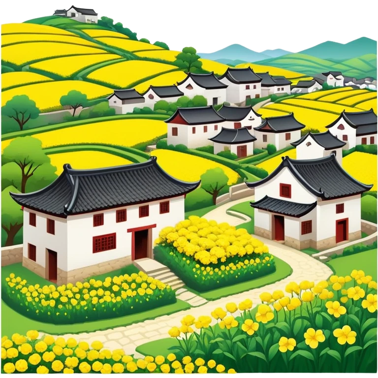 Wuyuan countryside spring flowers and traditional houses Jiangxi, simplified emoji style with bold outlines and bright colors, cartoon style rural village with yellow rapeseed flowers emoji